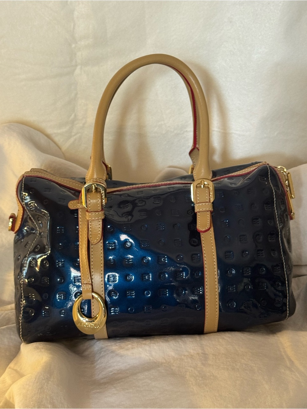 Arcadia patent, leather Navy Patent Satchel with Tan Trim